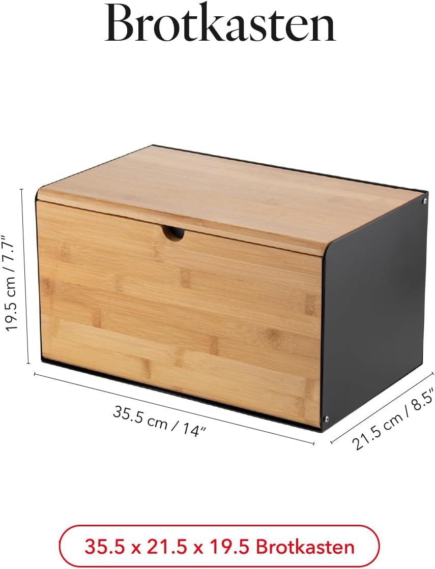 Florina Brotkasten BRUSTO 35,5 x 21,5 x 19,5 cm I Brotbox aus Stahl und Bambus-Deckel I Geräumiger u