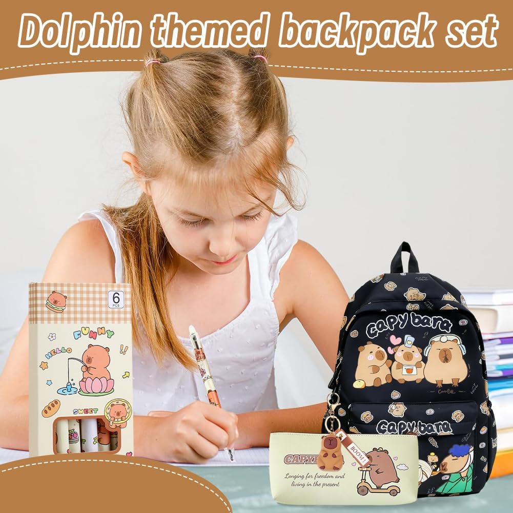 Capybara Rucksack Set - Schulrucksack Grosse Kapazität mit Capybara Federmäppchen, Stiften & Schlüss
