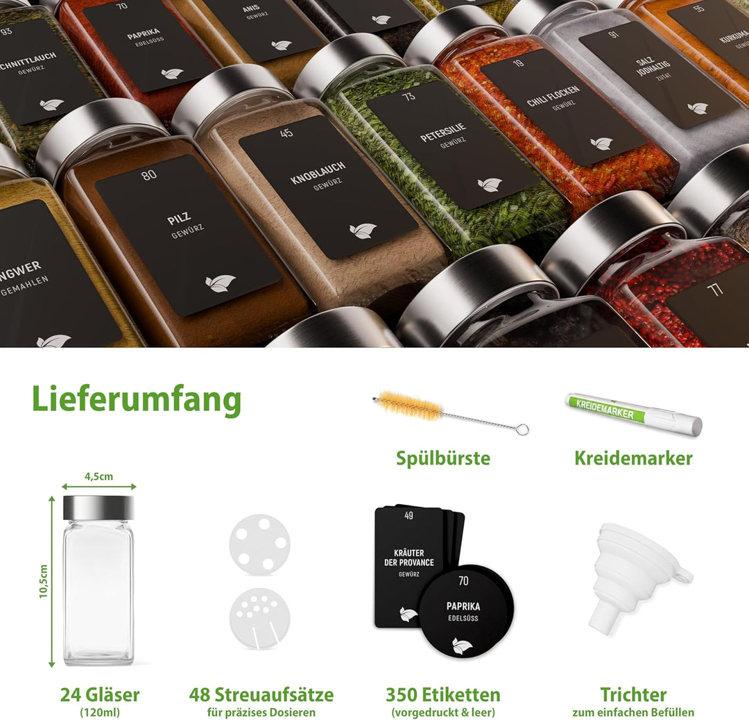 LAEVU Gewürzgläser eckig - 24er Gewürzgläser Set aus Glas [120 ml] - Gewürzgläser mit Streueinsatz i