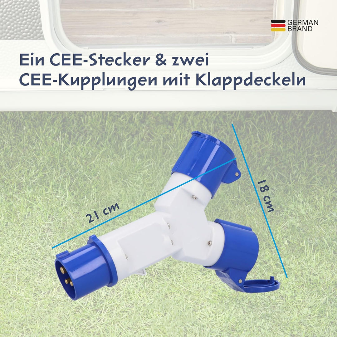 cartrend Explorer CEE Mehrfachverteiler mit 1 CEE-Stecker & 2 CEE-Kupplungen mit Klappdeckel, geeign