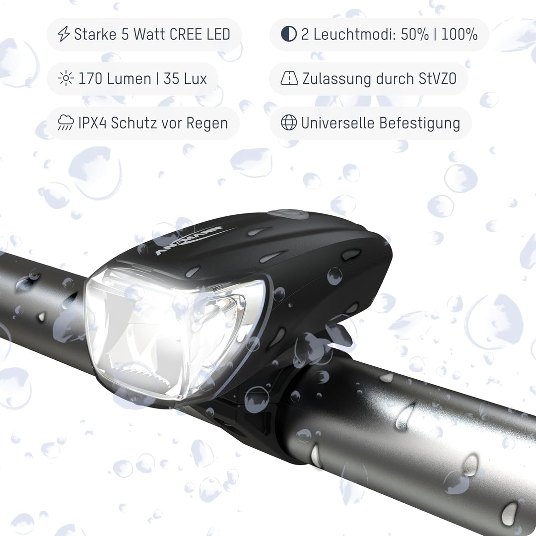 ANSMANN Fahrradlicht 2er Bundle Set StVZO zugelassen mit CREE LED, 140 m Leuchtweite 35 Lux 170 Lume