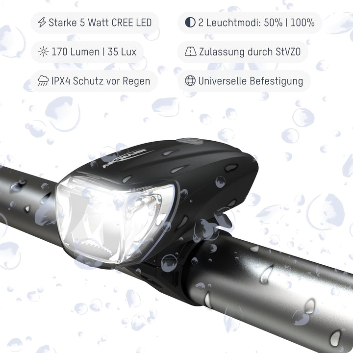 ANSMANN Fahrradlicht 2er Bundle Set StVZO zugelassen mit CREE LED, 140 m Leuchtweite 35 Lux 170 Lume