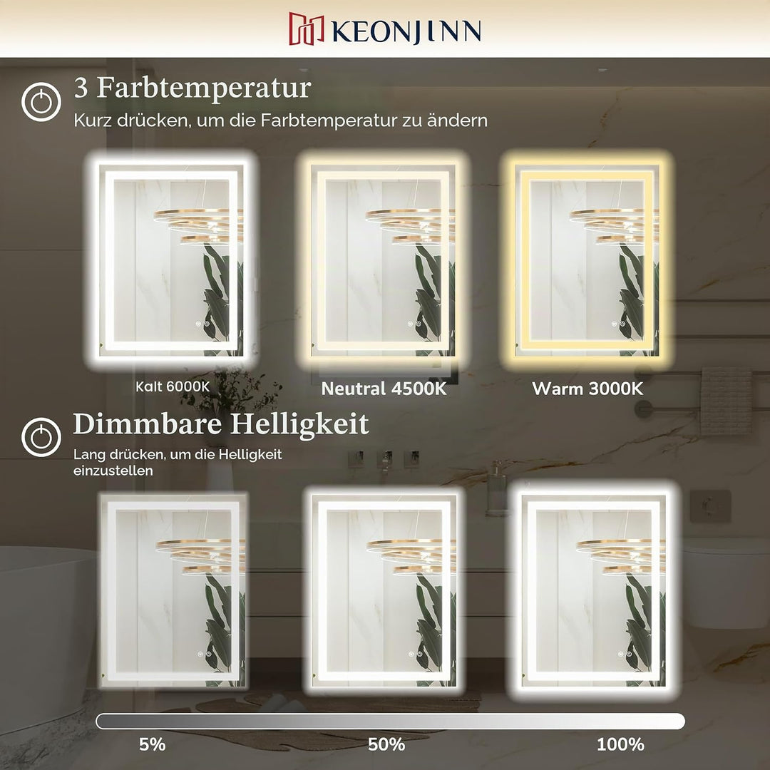 Keonjinn Badspiegel mit Beleuchtung 180x80cm, Beleuchtet Badezimmerspiegel Beschlagfrei Led Bad Spie