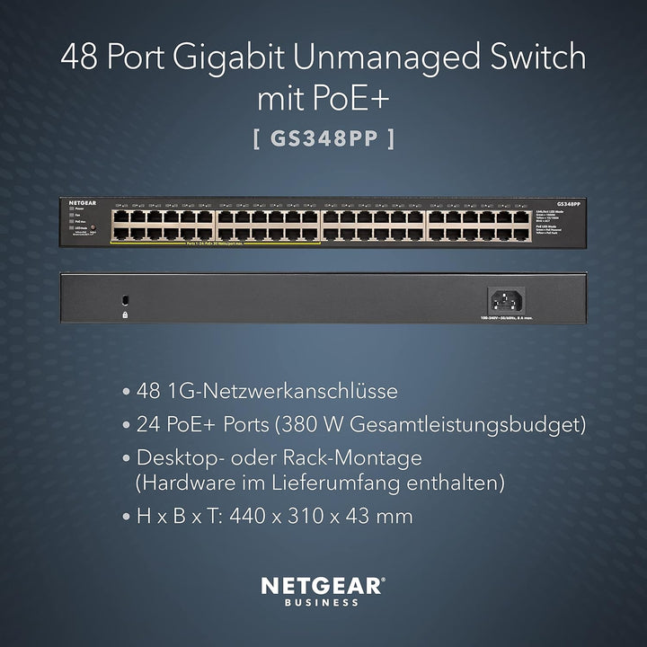 Netgear GS348PP 48 Port Gigabit Ethernet LAN PoE Switch (mit 24x PoE+ 380W, Plug-and-Play Netzwerk S