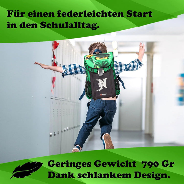 Lego Ninjago Schulranzen-Set Easy Green 8tlg. Set mit Federmappe, Regenschutz und Dose und Flasche,