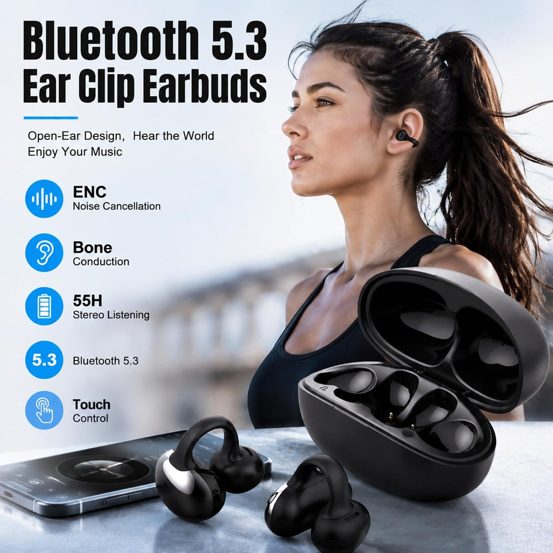 Open Ear Kopfhörer Bluetooth 5.3 ENC Clip On Ohrhörer für Sport | Kabellose Ear Clip Ohrhörer mit 55