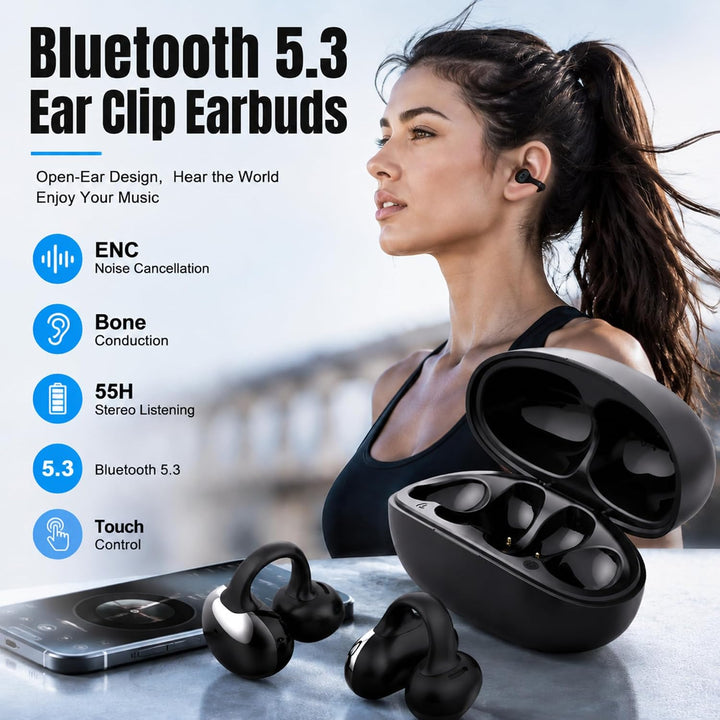 Open Ear Kopfhörer Bluetooth 5.3 ENC Clip On Ohrhörer für Sport | Kabellose Ear Clip Ohrhörer mit 55