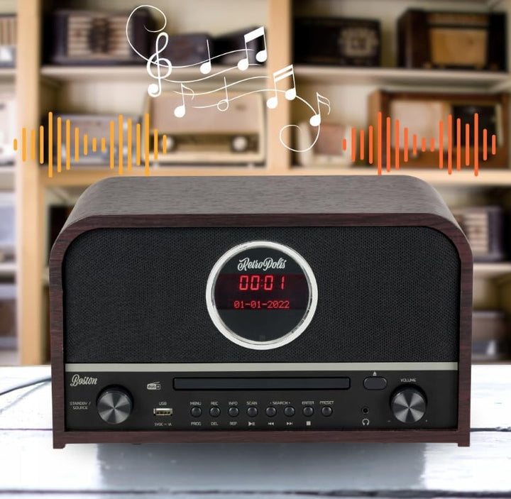 Retropolis Boston Wohnzimmer-Radio – Netzwerk DAB+ DIGITAL AM/FM USB-A Bluetooth CD LED – Vintage De