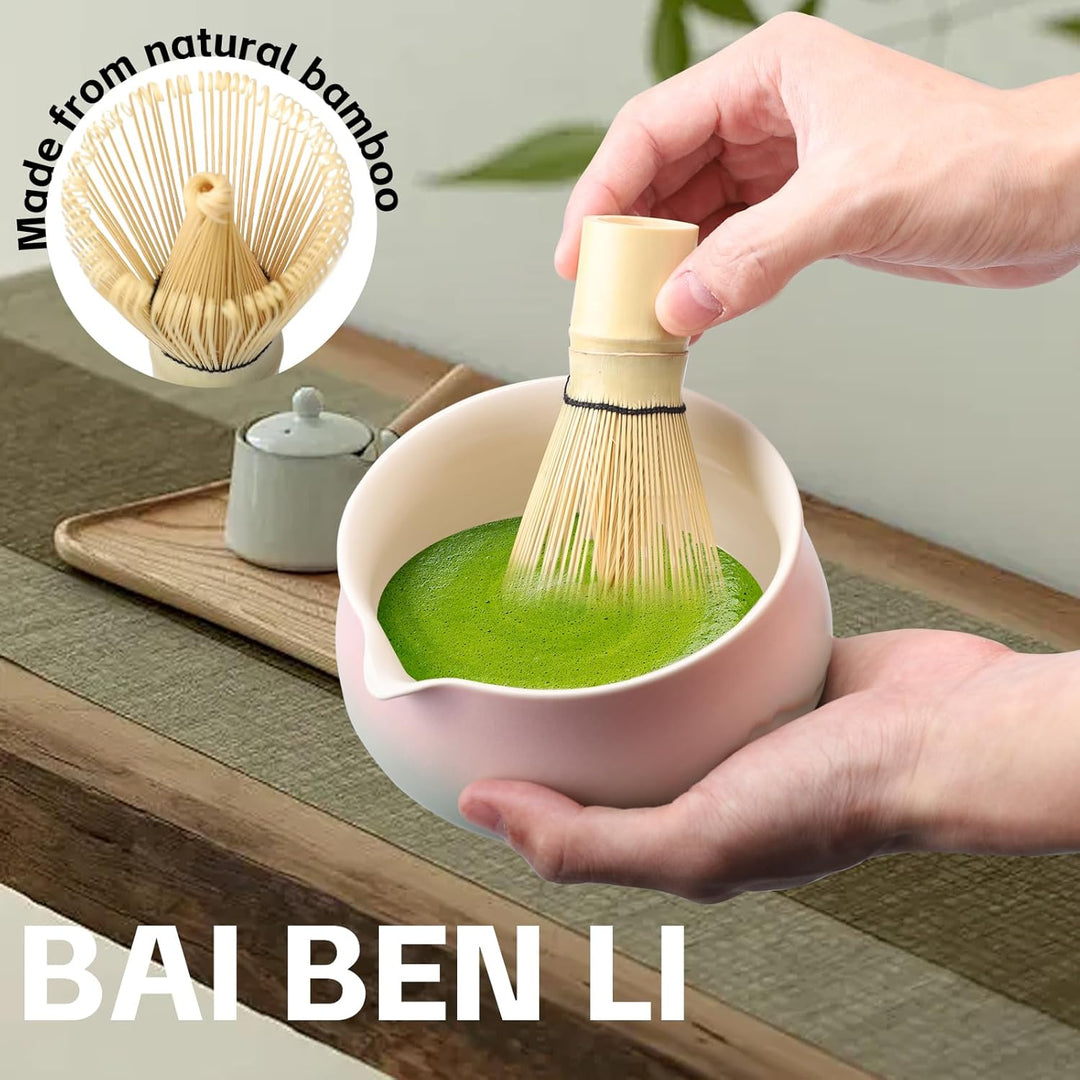 Matcha Set 7 teilig – Matcha Schale mit Ausgiesser, Matcha Besen (Chasen), Schaufel, Sieb, Besenhalt