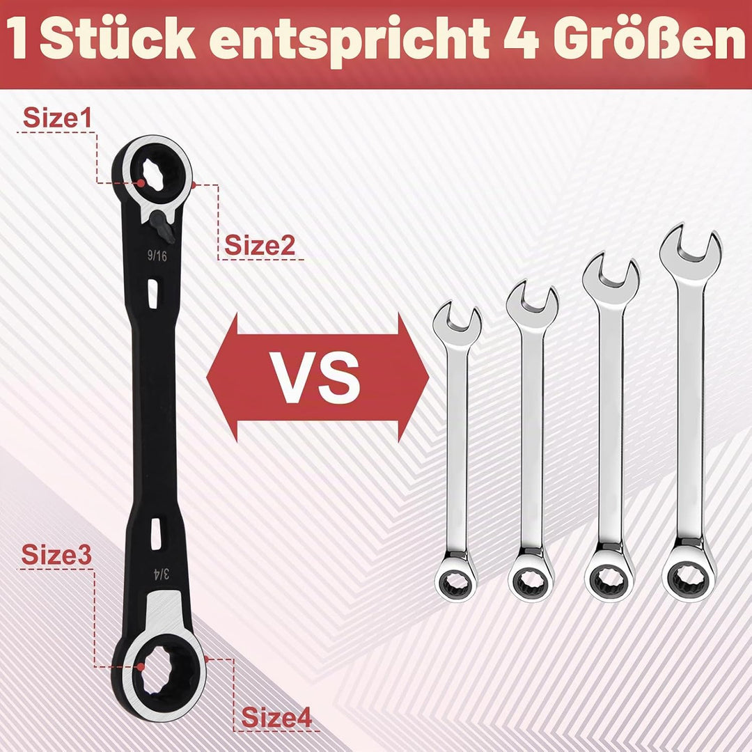 4-in-1 Umkehrbarer Ratschenschlüssel-Set SAE 9/16" 5/8" 11/16" 3/4" Doppel-Ringschlüssel-Set Ratsche
