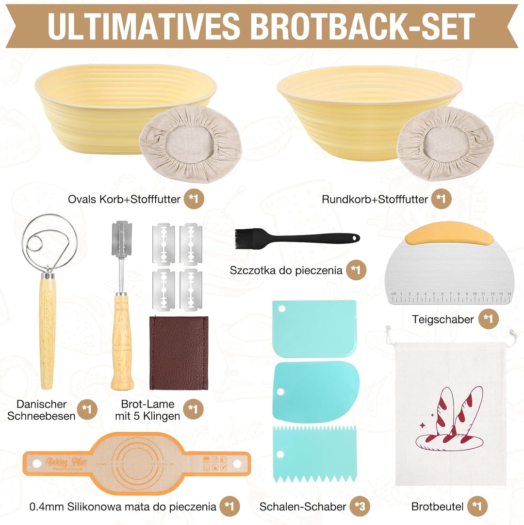 Sauerteig Starter Set,13-teilig Brotgärkorb -Set- aus Silikon，Komplettset Brot Backen Zubehör, Gesch