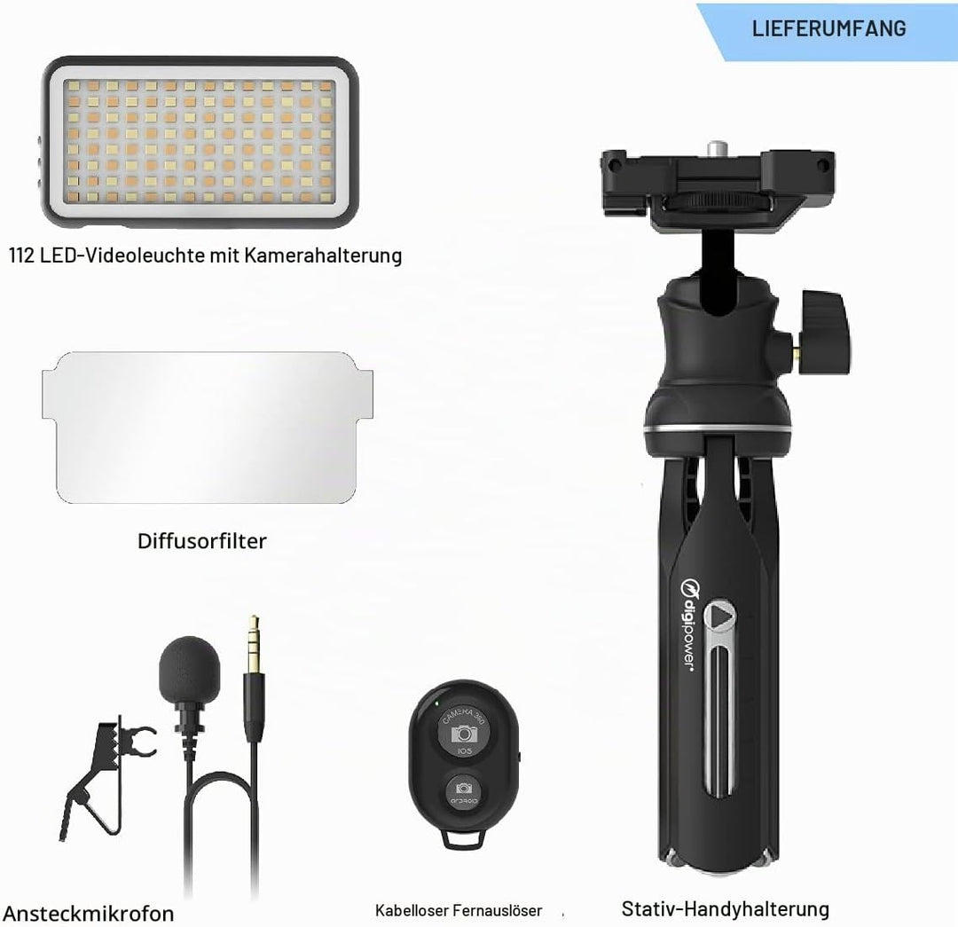 DigiPower Vlogging Kit Instructor mit LED Videoleuchte, Clip-on Lavalier Mikrofon, Handy + Kamera Ha