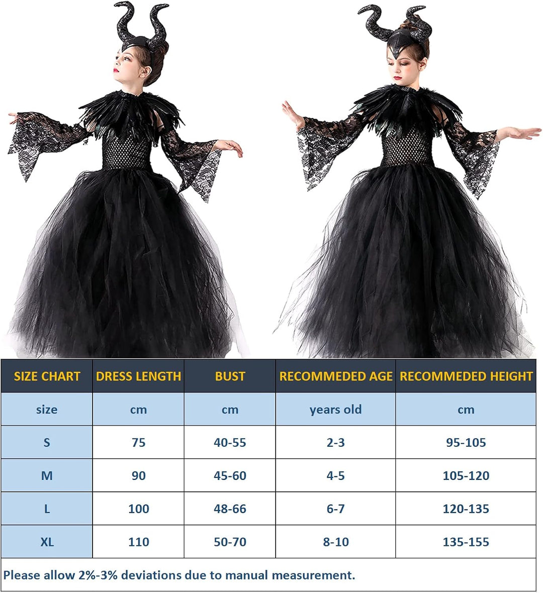 AMOBON Maleficent Kostüm Set für Kinder, Mädchen Böse Königin Kleid mit Hörner Kopfschmuck und Schwa