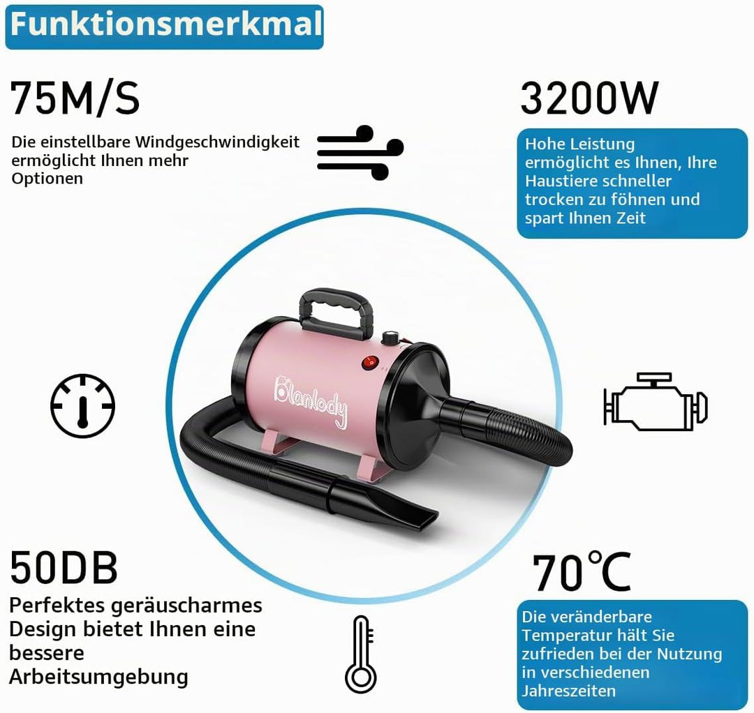Hundefön Blower Sehr Leise 4.5 PS / 3200W Rosa, Rosa