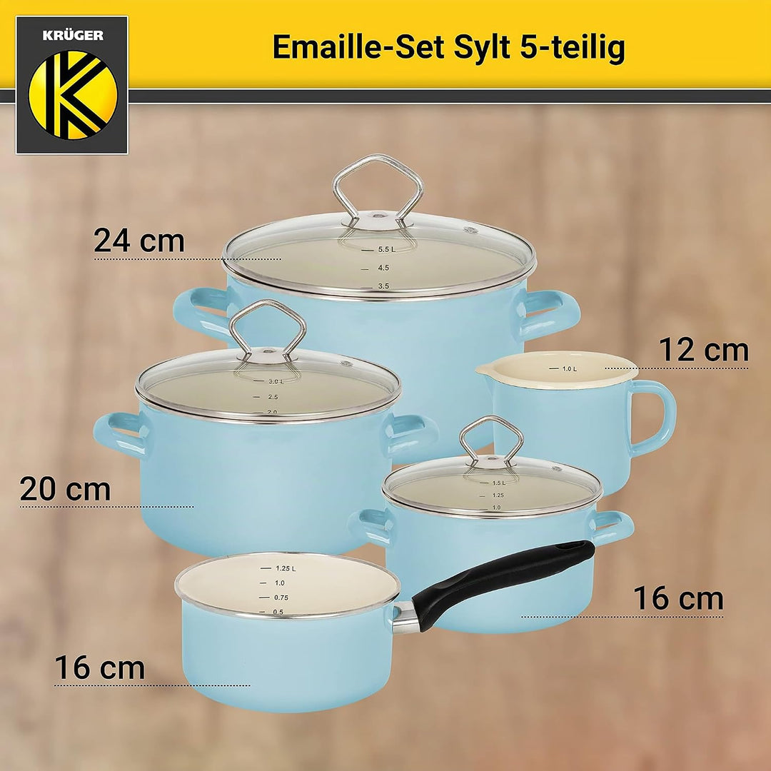 Krüger Emaille-Set Sylt 5 teilig - Emaille-Topfset aus Fleischtopf, Stieltopf und Milchtopf - Töpfe