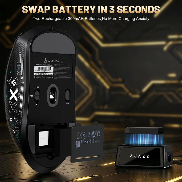 A.JAZZ AJ159 V2 ultraleichte drahtlose Spielmaus mit austauschbaren Akkus, Zwei 300mAh Einheiten mit