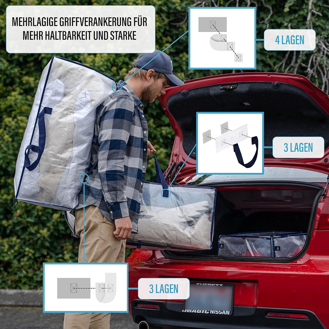 VENO 4-er Pack extra grosse Umzugstaschen mit Rucksackgurten, Umzugshelfer, starke Griffe und Reissv