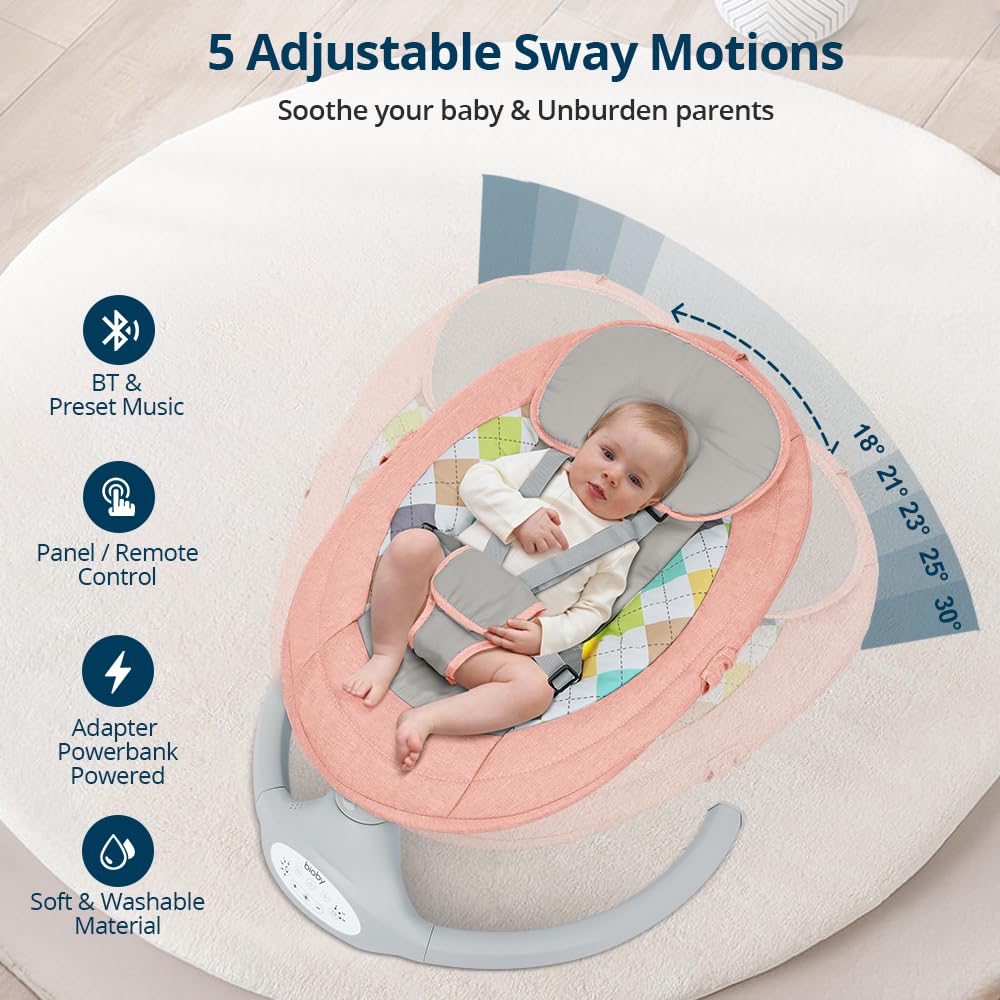 Bioby Babywippe Elektrisch mit 5 Natürlichen Schaukelgeschwindigkeiten, Bluetooth-Musik-Babywippe mi
