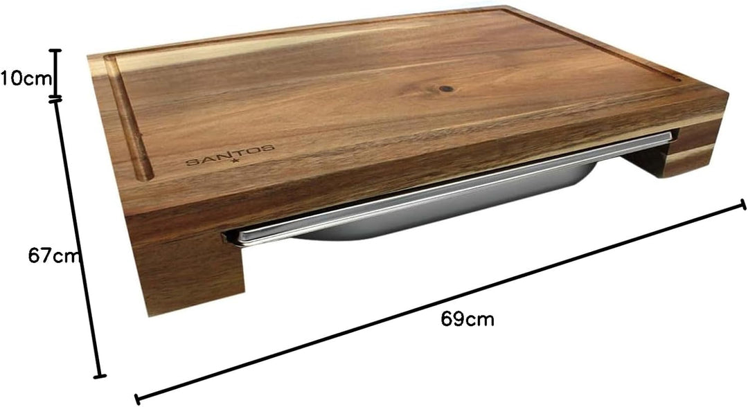 SANTOS Schneidebrett Akazie mit Auffangschale - 43x7x28cm- Serviertablett Gross - Holzbrett zum Hack