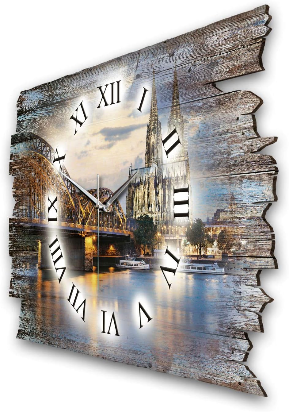 Kreative Feder Köln Skyline Landhaus Shabby Designer Wanduhr Funkuhr aus Holz *Made in Germany leise
