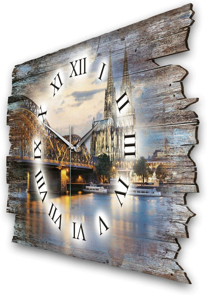 Kreative Feder Köln Skyline Landhaus Shabby Designer Wanduhr Funkuhr aus Holz *Made in Germany leise