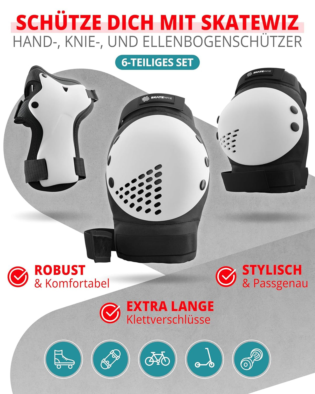 SKATEWIZ Skate Protektoren für Kinder &amp; Erwachsene in 6 Farben - Knieschützer Kinder Set [6pc] SMASH