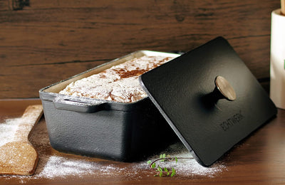 ECHTWERK Brotback/Auflaufform aus Gusseisen, Bräter mit Deckel, Kastenform, Emaille-Beschichtung, Fü
