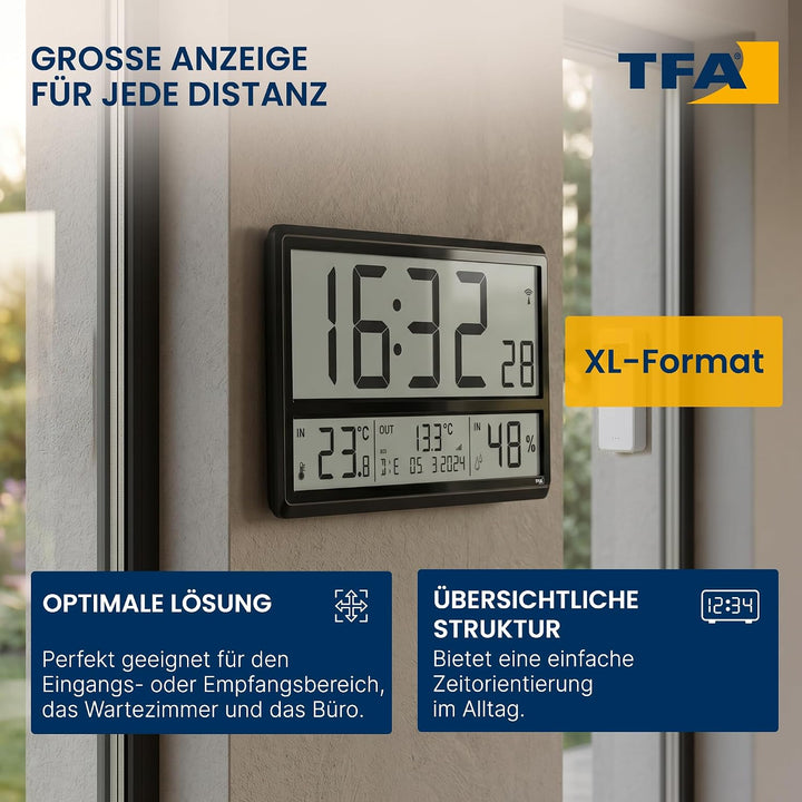 TFA Dostmann Digitale XL Wanduhr, 60.4523.01, mit Aussentemperatur und Raumklima, Funkuhr, 24h Anzei