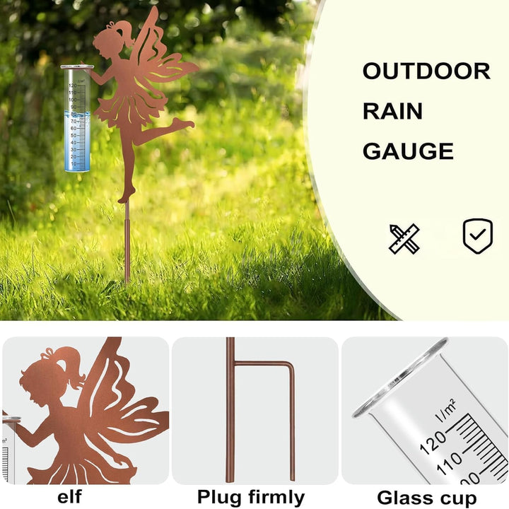 Regenmesser für Garten Niederschlagsmesser, Gartenstecker Elfe stehend Gartendeko 110cm mit stab, Re