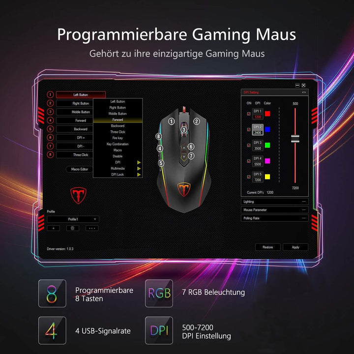 RGB Gaming Maus,Vollion Gamer Maus mit 8 Programmierbare Tasten 7200DPI/RGB-Beleuchtung/Anpassbare S
