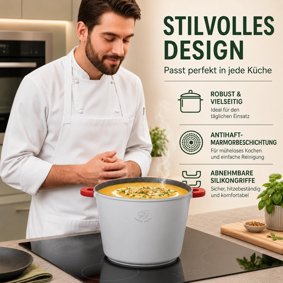 Royal Swiss® Suppentopf Ø24 cm – 6,2 L mit Glasdeckel – Edelstahl & Antihaftbeschichtung – Abnehmbar
