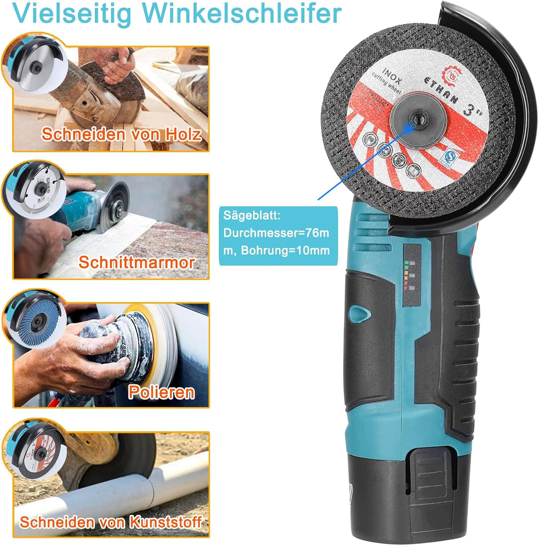 Mini Winkelschleifer,12V Akku Mini Flex 19500 rpm,Mit 2 * 2000 mAh Akku 6 Trennscheiben (76mm Durchm
