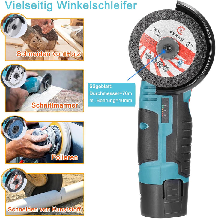 Mini Winkelschleifer,12V Akku Mini Flex 19500 rpm,Mit 2 * 2000 mAh Akku 6 Trennscheiben (76mm Durchm
