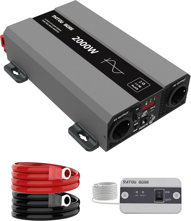 DATOUBOSS Wechselrichter 12v auf 230v Reiner Sinus 2000w, Spannungswandler 12v 230v 2000w mit AC Ste