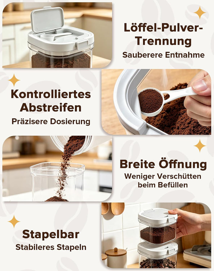2 Stück Kaffeedose Luftdicht mit Löffel(800ml + 1300ml), Feuchtigkeitsdichte Kaffeebehälter，Vielseit