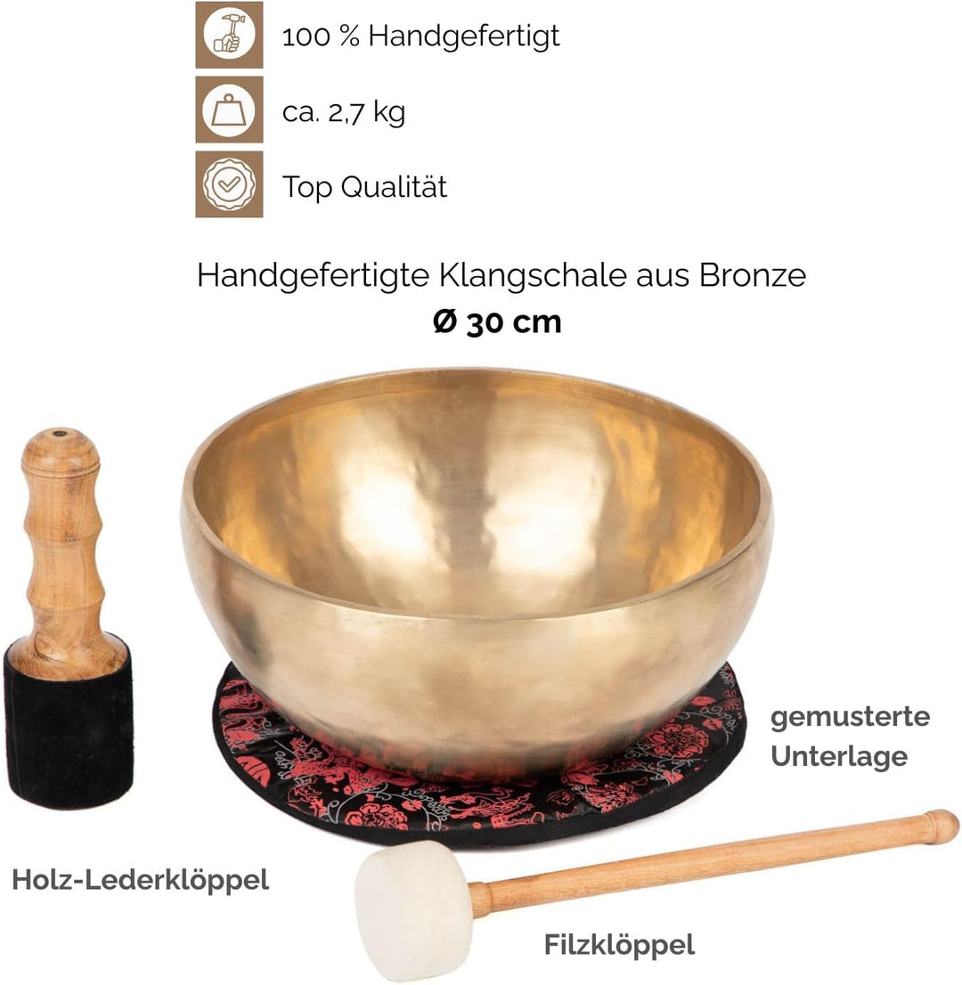 Bodhi Tibetische Klangschale Ø 30 cm | Handgefertigtes Klangschalen Set inkl. Kissen & Klöppel | Sin