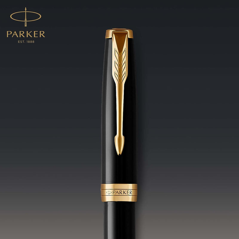 Parker Sonnet Tintenroller | Schwarze Lackierung mit Goldzierteilen | feine Spitze | Schwarze Tinte