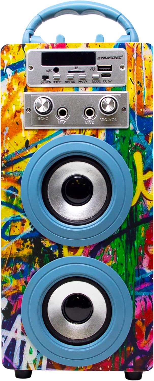 DYNASONIC Karaoke mit 2 Mikrofonen, tragbarer Karaoke-Maschine, Bluetooth-Lautsprecher, USB- und SD-