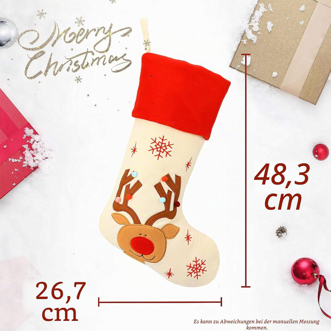 Hopearl Weihnachtsstrümpfe Set 4er - Rustikale Leinen Socken mit Weihnachtsmann, Schneemann, Rentier