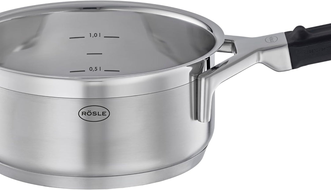 RÖSLE SILENCE PRO Stielkasserolle, Hochwertiger Universaltopf aus Edelstahl 18/10, 16 cm, Silikongri