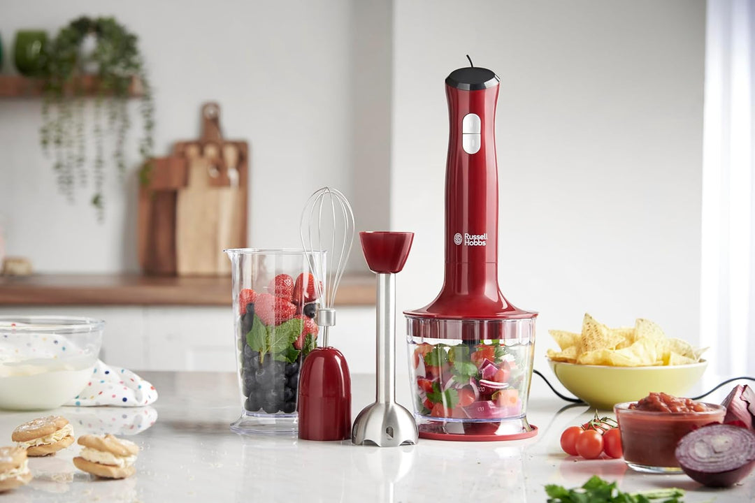 Russell Hobbs Stabmixer [3-in-1: Pürierstab/Zerkleinerer, Mixer- & Schneebesenaufsatz] Desire Rot (B