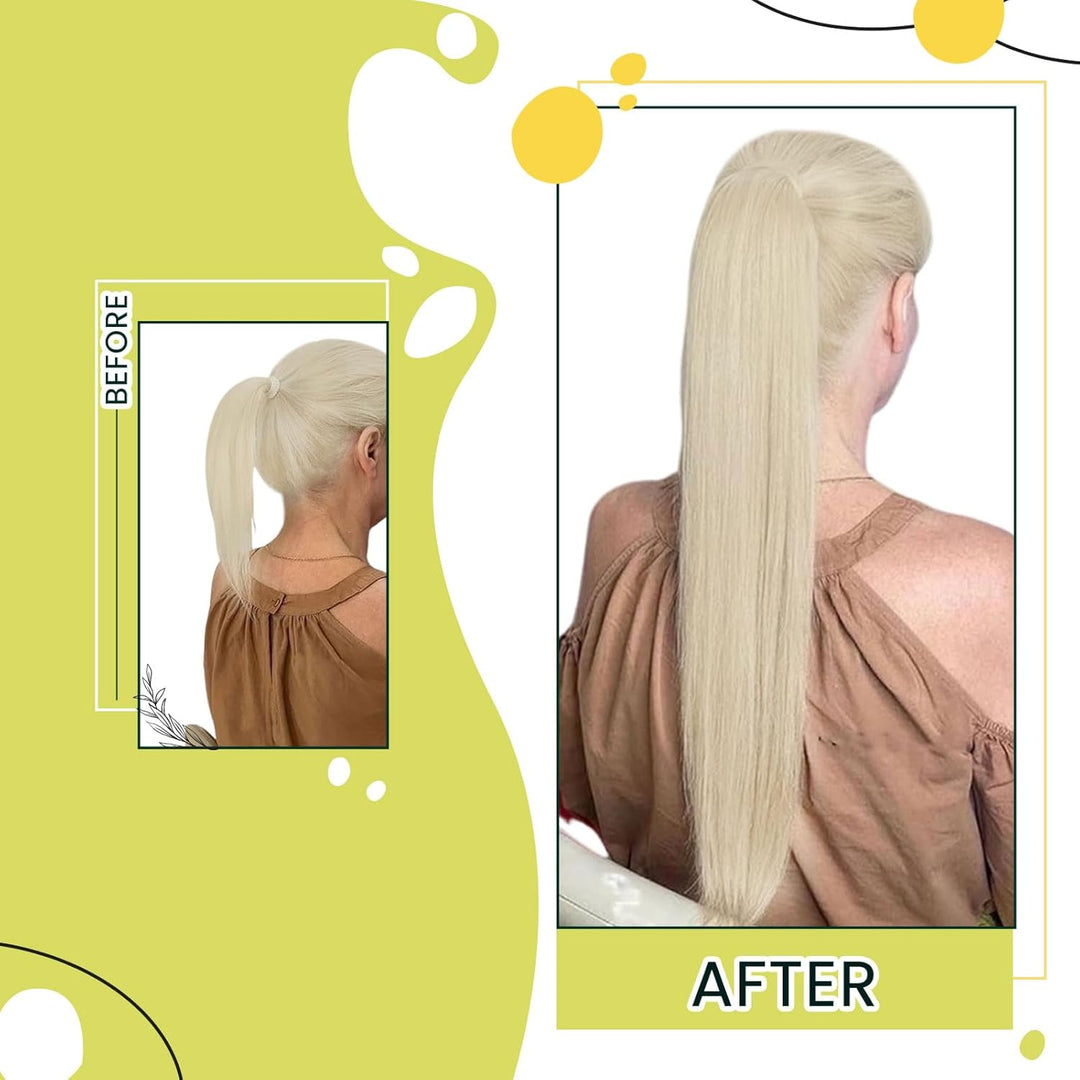 RUNATURE Remy Zopf Extension Echthaar Weiss Blond 55cm/22 Zoll Long Extensions Clip on Ponytail 80g/