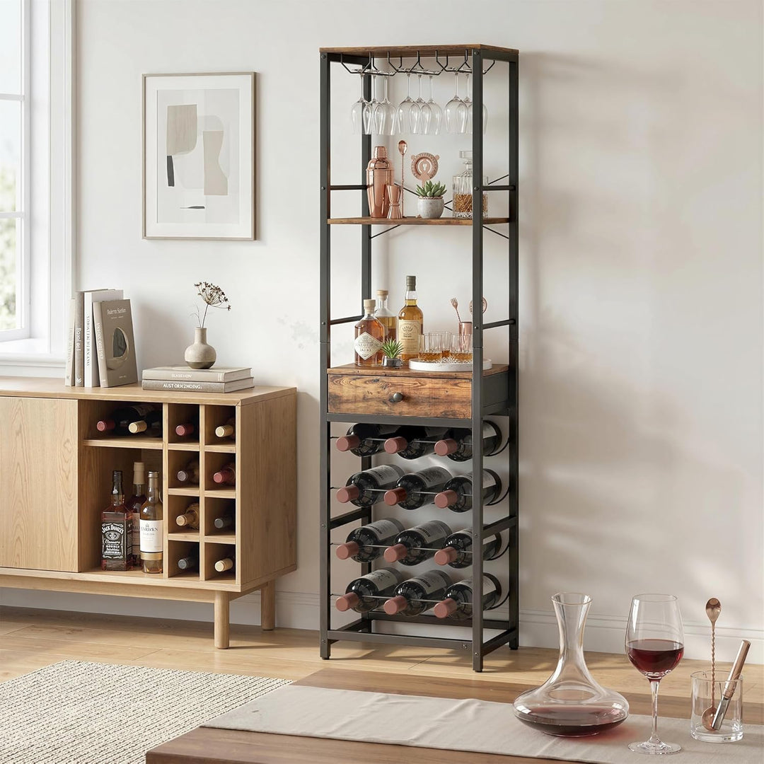 HOMCOM Weinregal Flaschenregal für 12 Weinflaschen, mit Glashalter und Schublade, Standregal, Weinha