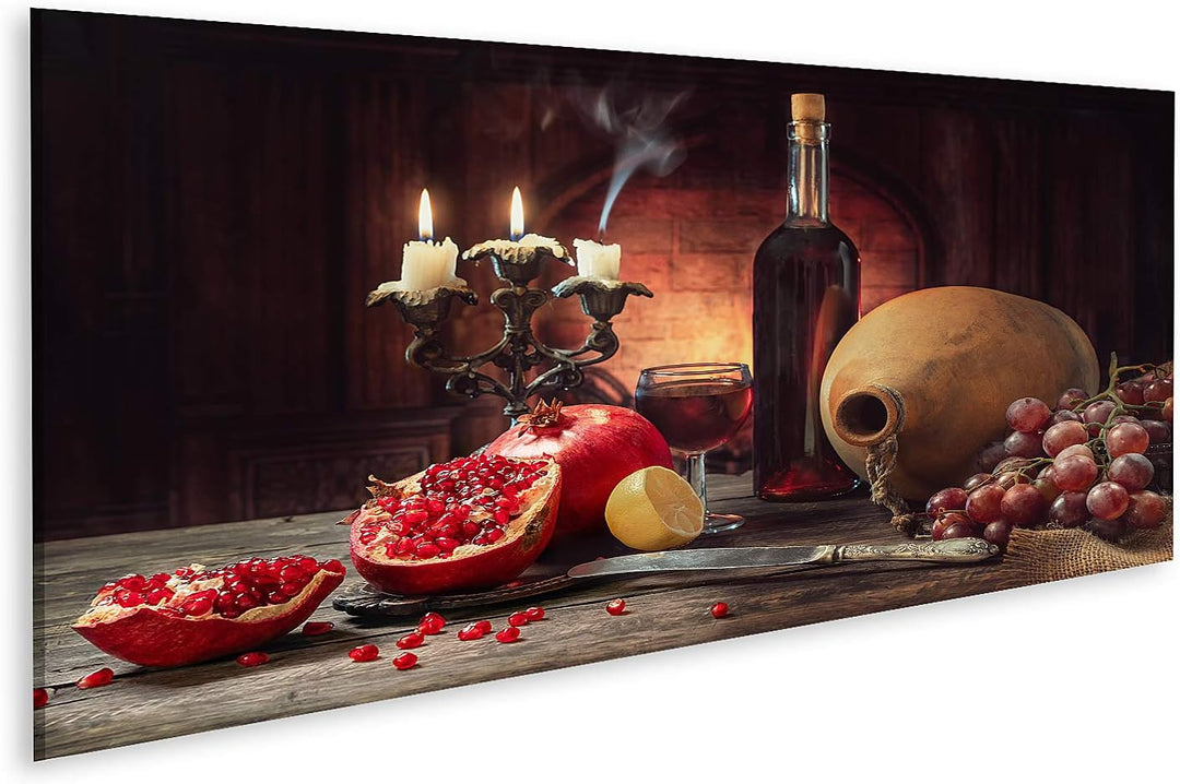 islandburner Bild auf Leinwand Stillleben Rustikaler Stil Obst Granatäpfel Trauben Zitrone Holztisch
