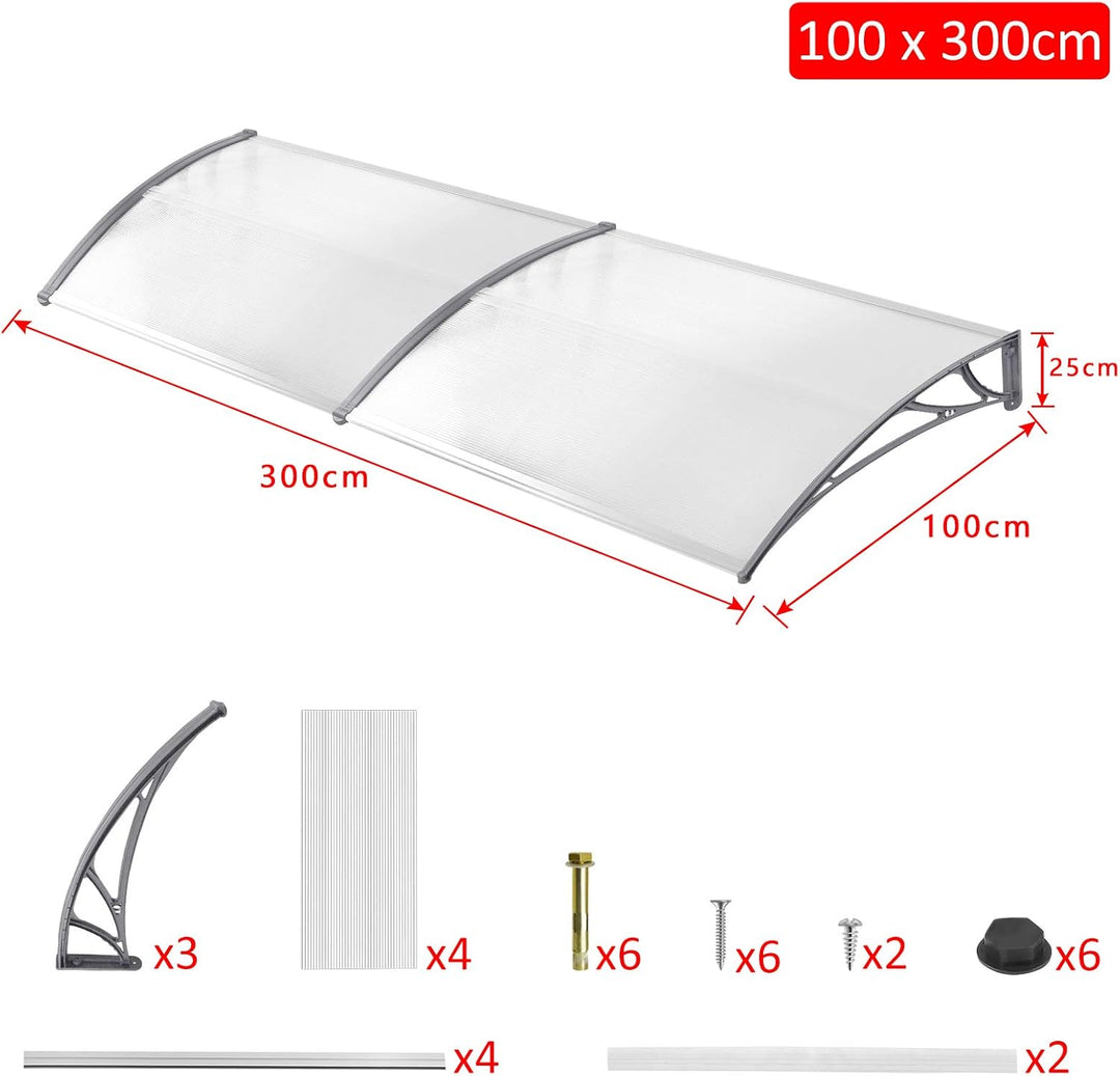 NAIZY 300 x 100cm Vordach für Haustür Pultbogenvordach Überdachung Haustür aus Polycarbonat und Alum