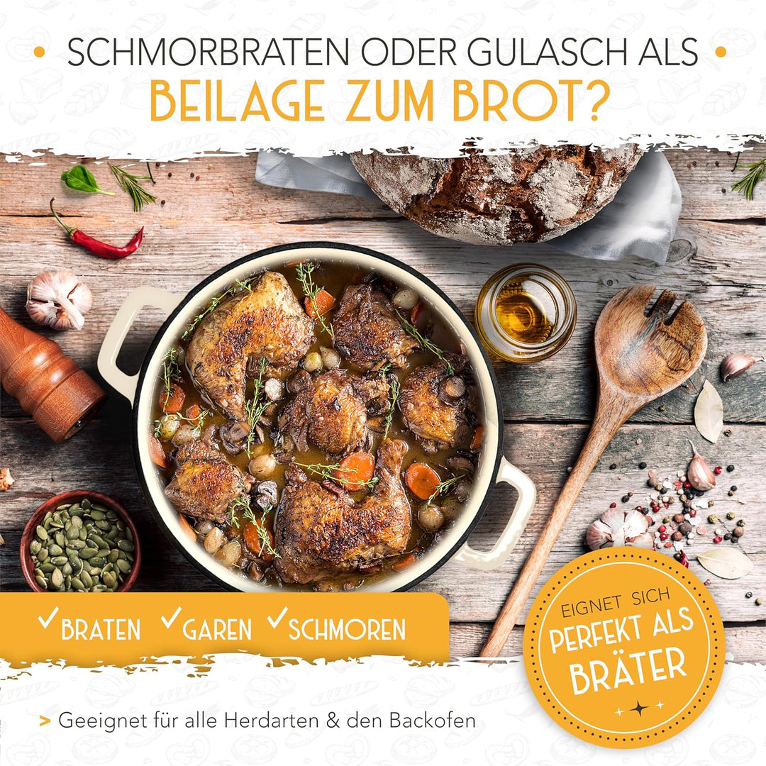 KRUSTENZAUBER Gusseisen Topf Brot backen emailliert inkl. Gärkorb - 26cm Emaille-Topf samt Zubehör -