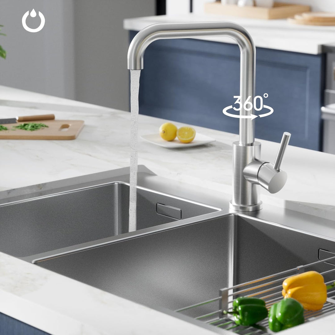FORIOUS Wasserhahn Küche, Küchenarmatur mit 360°Drehbar, L Förmige Mischbatterie Küche Spülenarmatur