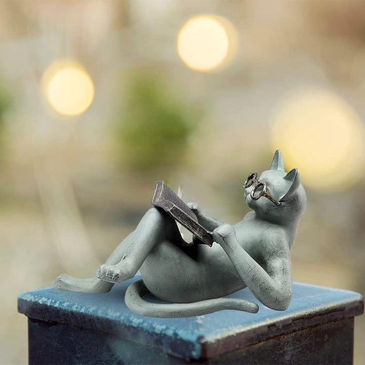 HUSHUI Literarische Katzen-Harz-Ornamente, Gartenstatuen-Dekoration, Lesebrille, Katzenhandwerk für