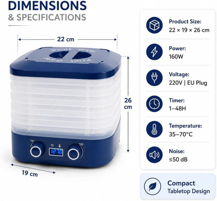 Dörrautomat mit 5 Tabletts, Dörrgerät 35-70°C &amp; 48h Timer, LED-Display, 360° Heissluft – Obsttrockne