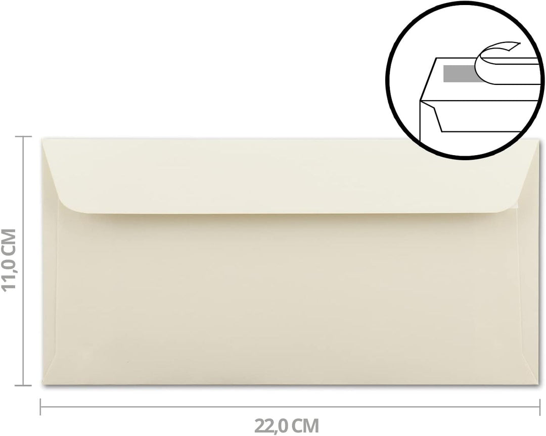 300x Briefumschläge DIN Lang - 11 x 22 cm - Haftklebung - Farbe: Creme - 90 Gramm pro m² - ohne Fens
